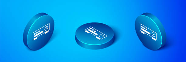 ilustrações, clipart, desenhos animados e ícones de isometric sound mixer controller icon isolated on blue background. dj equipment slider buttons. mixing console. blue circle button. vector - electric guitar three dimensional shape isolated background objects volume