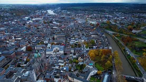 Aerial view around the old town of the city Namur in Belgium on a sunny day in fall.