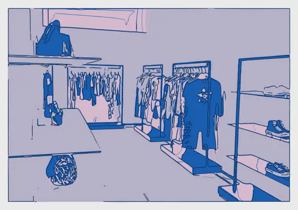 Vector illustration of outline Risograph style clothing store scene illustration background