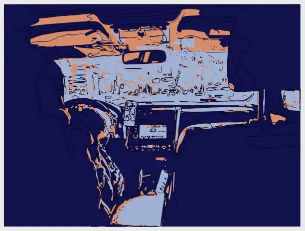 Vector illustration of outline Risograph style driving car scene illustration background