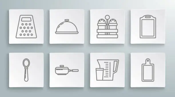 Vector illustration of Set line Spoon, Covered with a tray of food, Frying pan, Measuring cup, Cutting board, Salt and pepper, and Grater icon. Vector