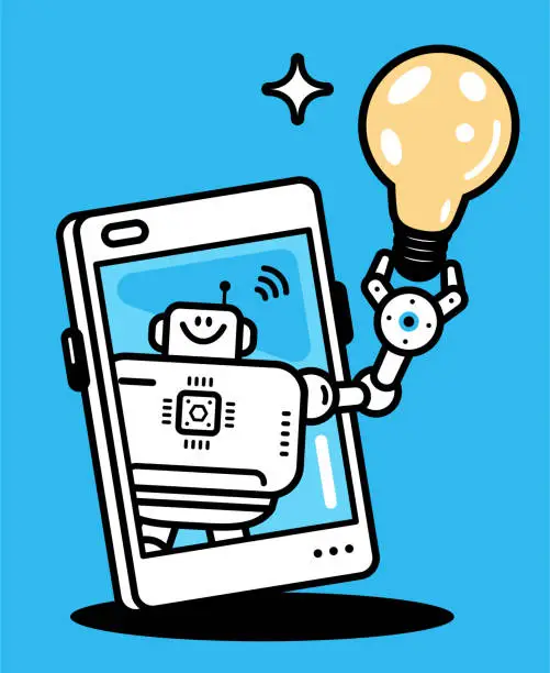 Vector illustration of An AI chatbot assistant holding a big idea light bulb on a smartphone screen