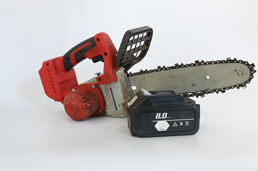 Lithium battery 8 mAh of chainsaw 11.5 finger on white background,clean energy concept