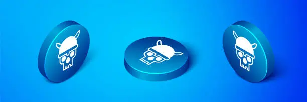 Vector illustration of Isometric Skull with viking helmet icon isolated on blue background. Happy Halloween party. Blue circle button. Vector