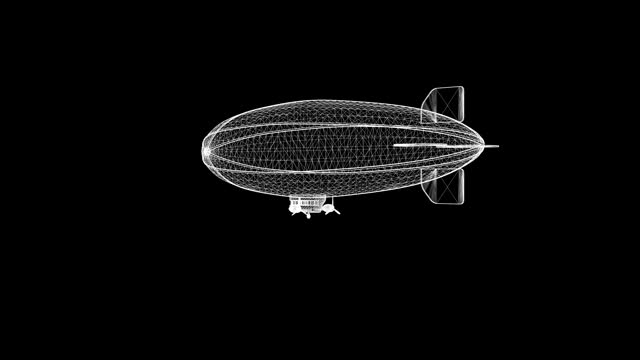 Spinning 3d wireframe blimp on plain black background