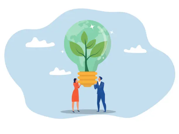 Vector illustration of Business people green corporate company concept Sustainability  lightbulb, ESG, eco environment friendly or clean energy solution, green renewable power, reuse or recycle ecosystem vector illustrator