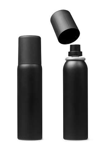blank black metal bottle with sprayer, perfume, deodorant or cosmetics packaging mockup template isolated on white background, container for hairspray or fresheners
