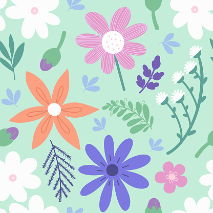 Seamless floral pattern. Hand drawn wildflowers scattered on green background. Raster allover print with flowers  great for fabric or paper print