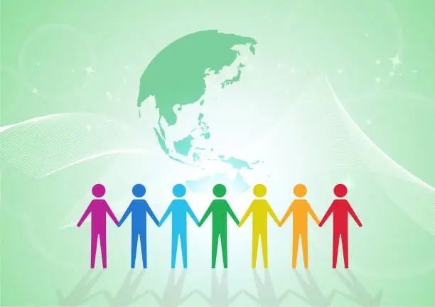 Vector illustration of Green earth image background with people holding hands