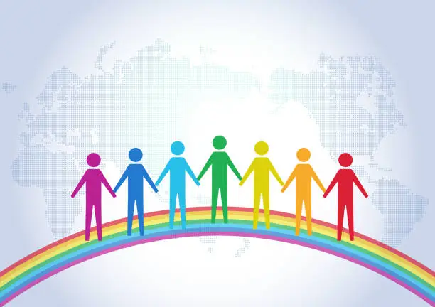 Vector illustration of World map background with rainbow and people holding hands