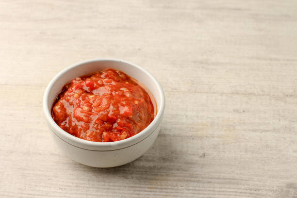 Sambal Terasi, Indonesian Traditional Chilli Sauce with Shrimp Paste, Tomato, and Chilli stock photo