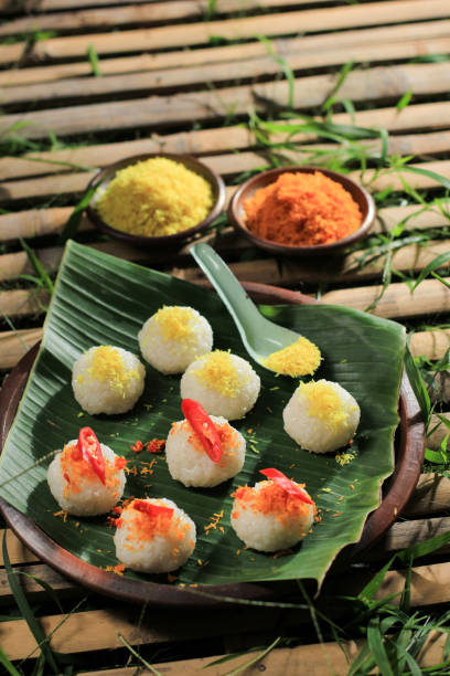 Ketan Serundeng, Sundanese Traditional Snacks, Combination of Sticky Rice and Serundeng (Grated Coconut Cooked with Herbs and Spices). Selected Focus