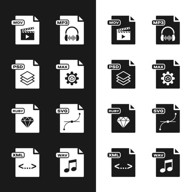 Vector illustration of Set MAX file document, PSD, MOV, MP3, RUBY, SVG, WAV and XML icon. Vector