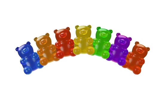 3D collection of realistic, chewy gummy bears in a sweet dessert vector illustration. A variety of flavors cherry, cola. Gummified in fat and calories, vitamins for an edible health boost