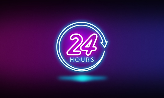24 hours neon sign symbol on dark background.