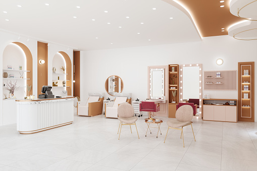 Modern Hairdressing And Beauty Salon Interior With Pink Chairs, Mirrors, Cash Register And Tiled Floor