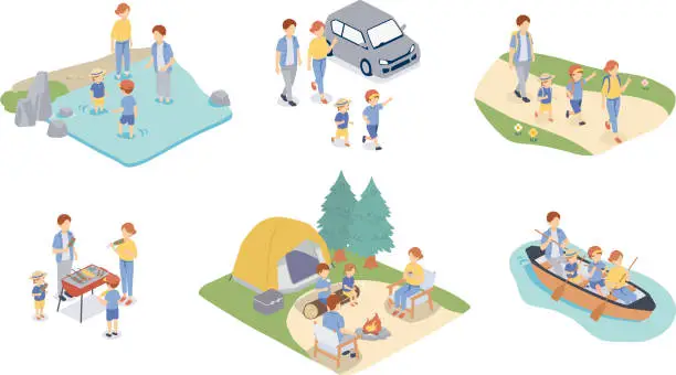 Vector illustration of Isometric illustration set of a family camping