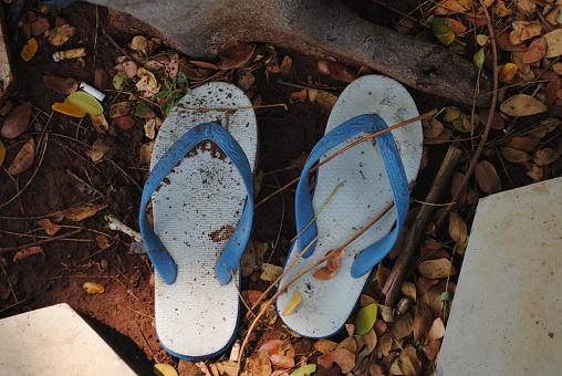 A flip-flop is a type of sandal-like shoe that is often made of rubber. It has a flat sole and a Y-shaped strap that goes between the big toe and the second toe.