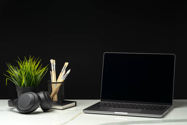 istock Laptop with green leafy potted plant on black background 1924021823