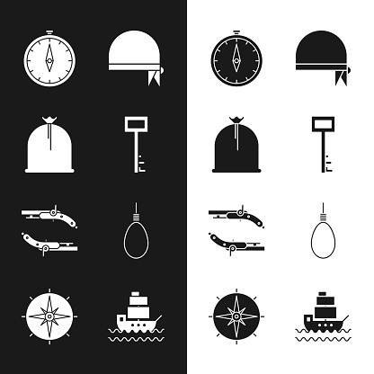 Set Pirate key sack Compass bandana for head Vintage pistols Gallows rope loop hanging Ship and Wind rose icon. Vector.