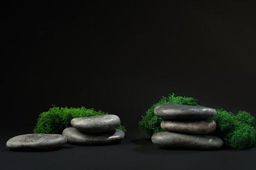 Stones decorated with green moss against black background for display