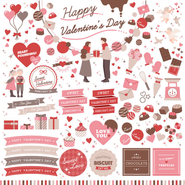 valentinsrahmen und illustrationsset - white background valentines day box heart shape stock-grafiken, -clipart, -cartoons und -symbole