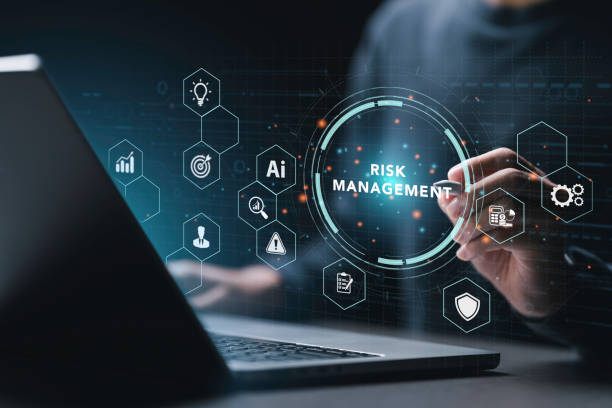 Businessman touching on screen to Risk Management and Assessment of business and enterprise. Risk Manage Strategy Plan Finance. Assessment for Investment Concept. stock photo