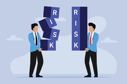 Two businessman carrying risk blocks - managed risk vs unmanaged risk 2d flat vector illustration