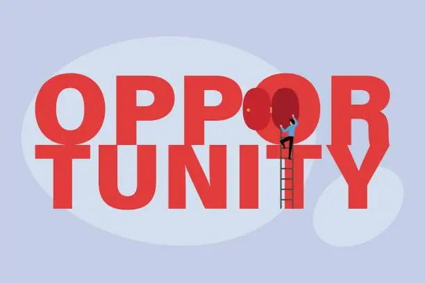 Vector illustration of Businessman climbing the ladder and open an opportunity door