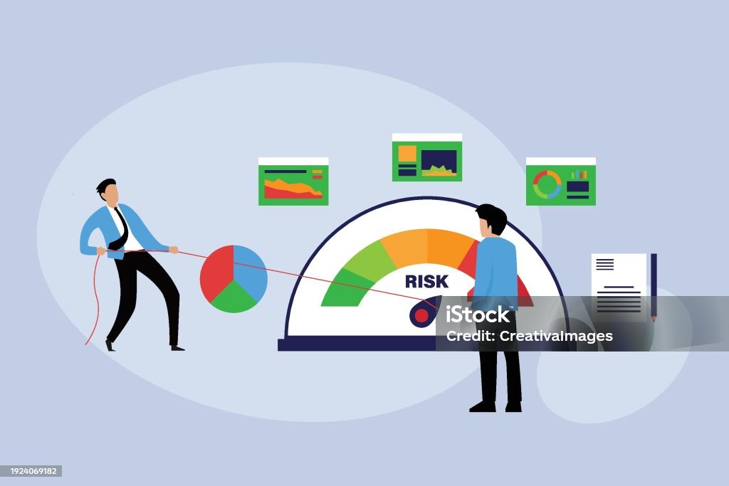 Businessman Pulling Rope At Risk Scale Pointer To Low Position Stock ...
