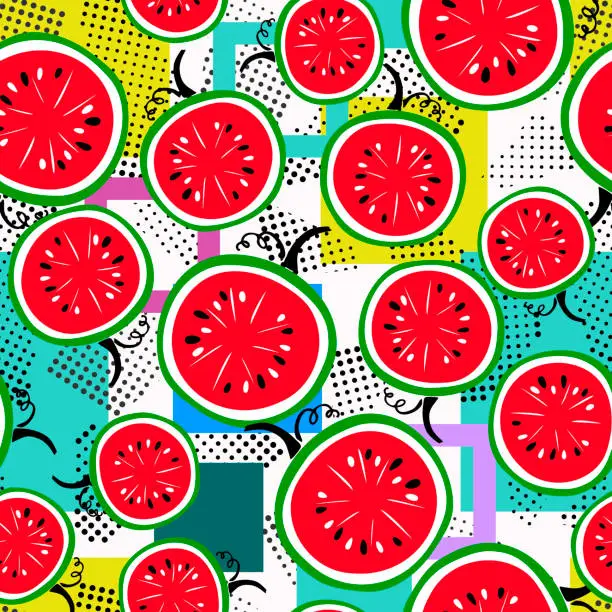 Vector illustration of Colorful organic shapes seamless pattern. Cute watermelons, decorative abstract art vector illustration