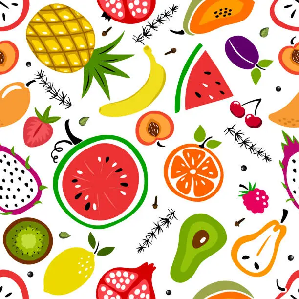 Vector illustration of Seamless pattern with summer fresh fruits - cherry, pear, watermelon, banana, peach, kiwi, strawberry, lemon, mango . Flat vector illustration for textile print, wrapping paper