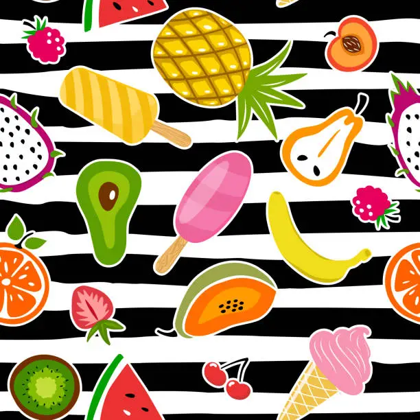 Vector illustration of Summer fruit and ice cream pattern. Cute vector seamless background with pineapple, watermelon, lemon, orange, strawberry, ice cream cone.