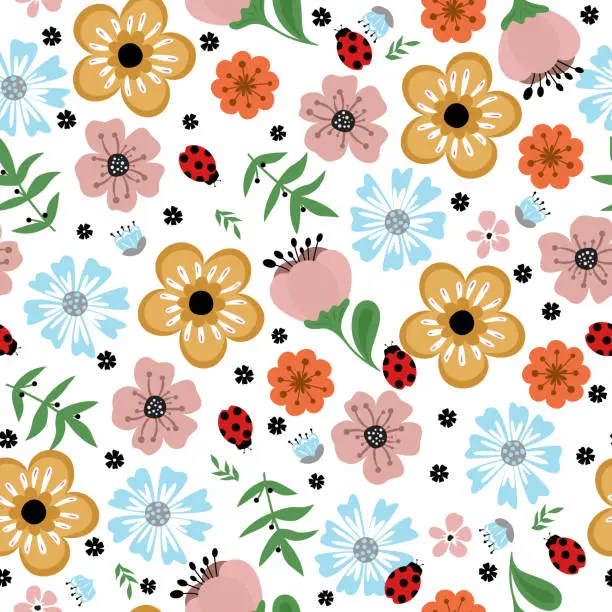 Vector illustration of Colorful seamless pattern with insects and flowers. Summer floral repeat background for fabrics or wallpapers.