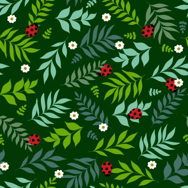 Vector illustration of Cartoon ladybug with green leaves seamless pattern. Modern summer design of the cover, packaging, stationery.