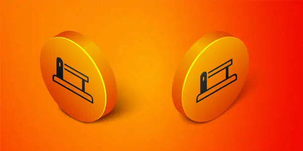 Vector illustration of Isometric Railway barrier icon isolated on orange background. Orange circle button. Vector