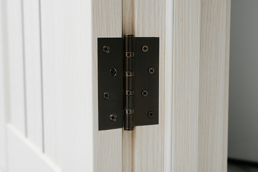 Close-up of a steel hinge on a wooden open door, fittings.