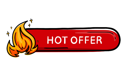 Bright Red Oval Sticker Button For Design Doodle Hand Drawn With Fire Icon And Text Hot Offer. Vector illustration