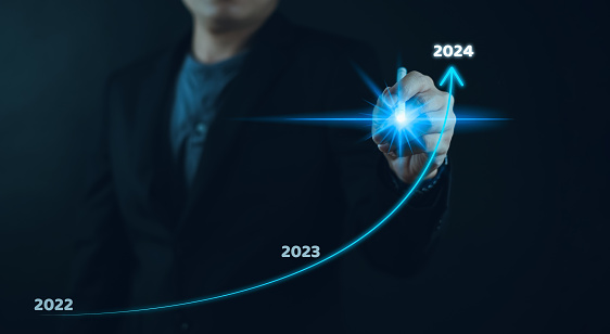 Business 2024 New Year Vision Start Goal Plan Startup Calendar economic goals Annual strategic operations Growth goals Project analysis welcomes new technology, innovation, future.