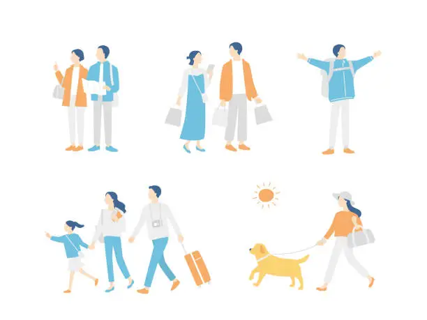 Vector illustration of Various travel, sightseeing and vacation scenes. Families, pets, couples, solo travelers. Vector illustration set.