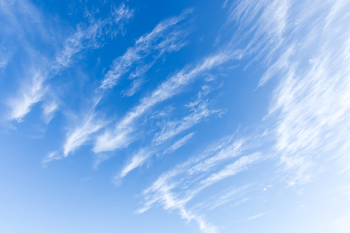 Cirrus clouds are in blue sky, natural background photo texture taken on a daytime