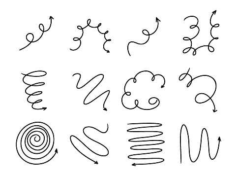 Hand drawn spiral flexible arrows symbols isolated on white background