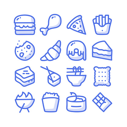 Hand drawn fast food icon set. Contains editable stroke icons.