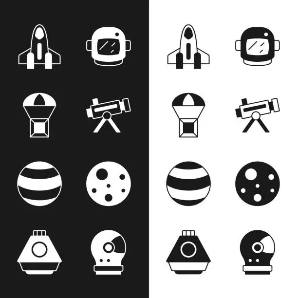 Vector illustration of Set Telescope, Box flying on parachute, Rocket ship, Astronaut helmet, Planet, Mars, and Space capsule icon. Vector