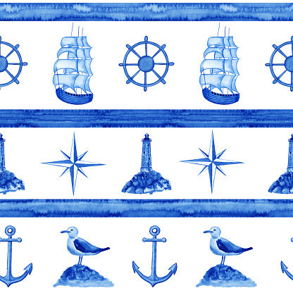 Blue watercolor stripe and ships seamless pattern. Hand drawn lighthouse and seagulls endless background. Sea travel design for fabric. Boyish nautical print for wallpaper.