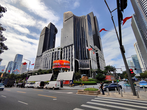 Street at the modern Sheraton Shenzhen Futian Hotel building, height 130 mt, in Shenzhen financial district, Guangdong province, China