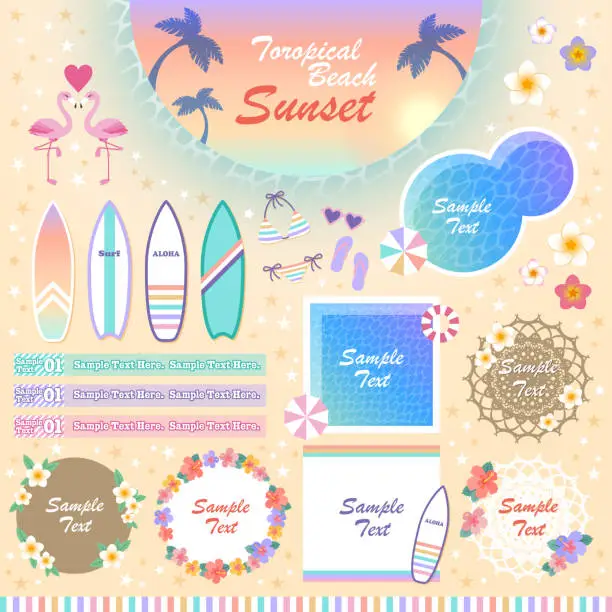 Vector illustration of Sunset beach frame & illustration set
