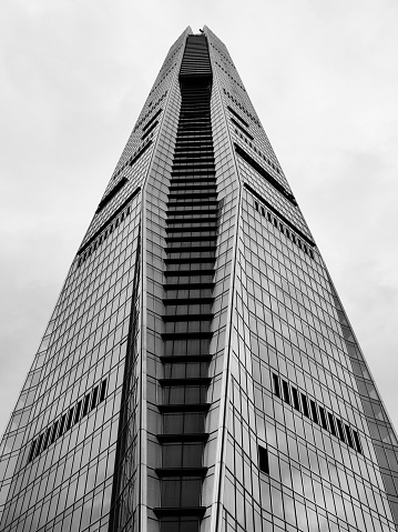 Low angle view of Citymark Centre, also known as Chengmai Center, a 388,3 mt. supertall skyscraper in Luohu, Shenzhen, Guangdong.