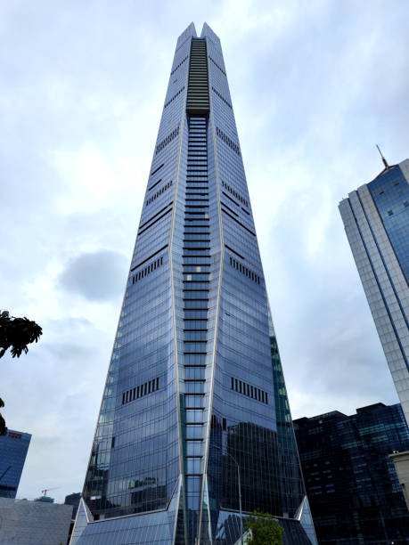 Low angle view of Citymark Centre, also known as Chengmai Center, a 388,3 mt. supertall skyscraper in Luohu, Shenzhen, Guangdong.
