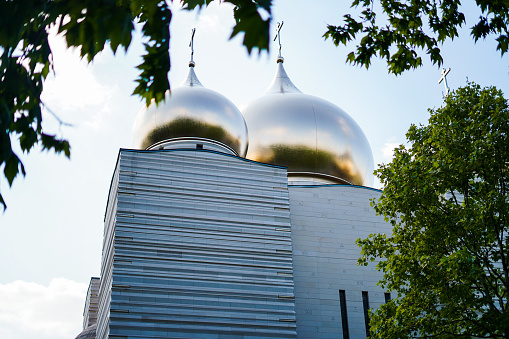 mosque muslim temple in low angle with golden dome
